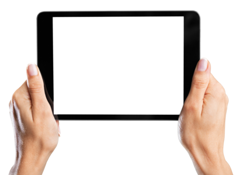 Woman holding   digital tablet on background