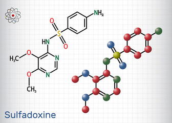 Sulfadoxine, sulphadoxine molecule. It is long acting sulfonamide used for the treatment of malaria. Structural chemical formula, molecule model. Sheet of paper in a cage