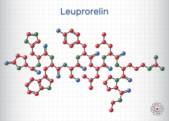 Leuprorelin, leuprolide molecule. It is drug for treatment of prostate cancer, uterine leiomyomata. Structural chemical formula, molecule model.