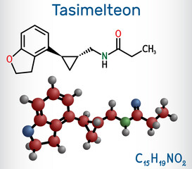 Tasimelteon molecule. It is sleep disorder medication. Structural chemical formula and molecule model