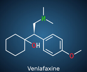 Venlafaxine antidepressant  drug molecule. It is used for the treatment of major depression. Structural chemical formula on the dark blue background.