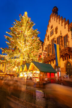 View of Christmas Market on Roemerberg Square at dusk, Frankfurt am Main, Hesse, Germany