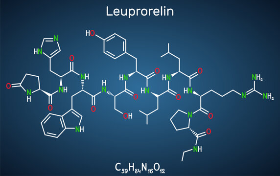 Leuprorelin, leuprolide molecule. It is drug for treatment of prostate cancer, uterine leiomyomata. Structural chemical formula on the dark blue background
