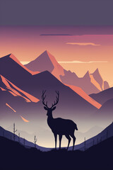 Minimalistic flat design deer silhouette mountain landscape illustration. Generative AI