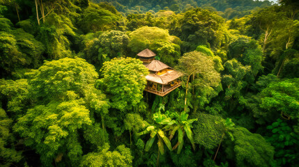 A captivating image of an eco-luxury lodge nestled high among the treetops, providing a one-of-a-kind summer retreat