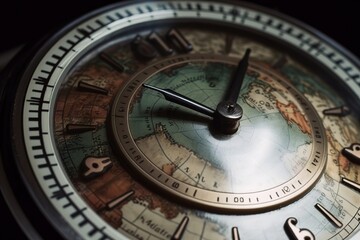 Close-up of the dial of a vintage watch with world map on the dial. Earth's Time Concept. Generative AI