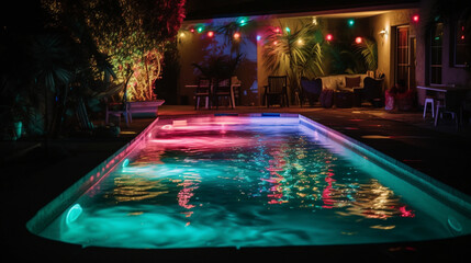 A pool party with neon lights illuminating the water Generative AI - obrazy, fototapety, plakaty