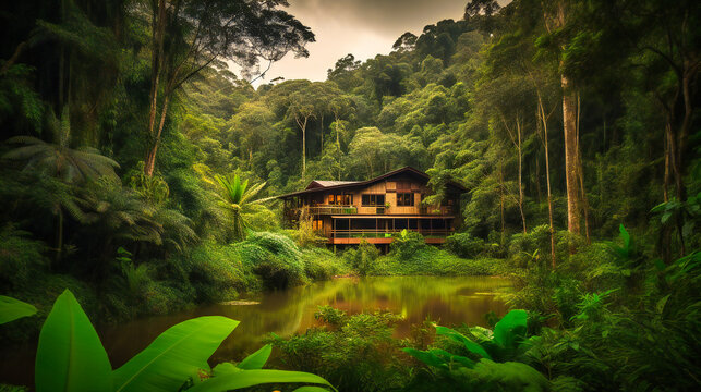A breathtaking image of a hidden eco-luxury lodge, offering an impressive and unforgettable summer escape in the heart of the jungle