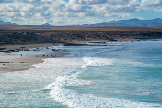 View of coastline and the Atlantic Ocean on a sunny day, El Cotillo, Fuerteventura
