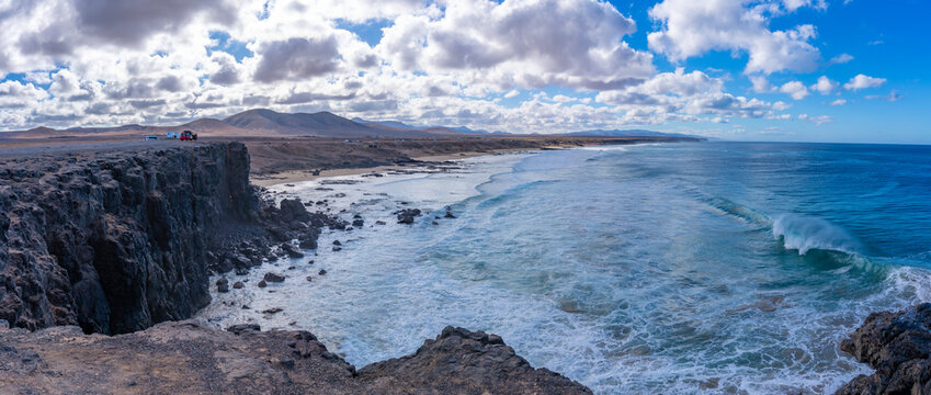 View of coastline and the Atlantic Ocean on a sunny day, El Cotillo, Fuerteventura