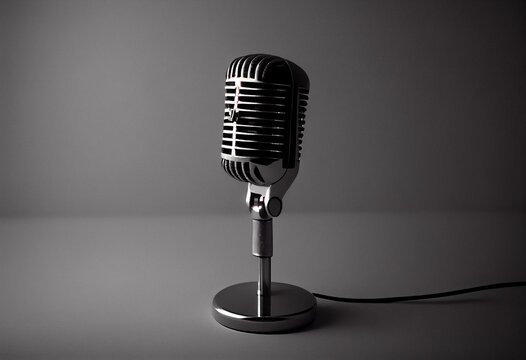 an old fashioned microphone on a stand on a white background with a shadow of the microphone on the floor and a gray wall behind it. generative ai