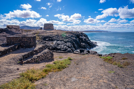 View of El Toston Castle and the Atlantic Ocean on a sunny day, El Cotillo, Fuerteventura
