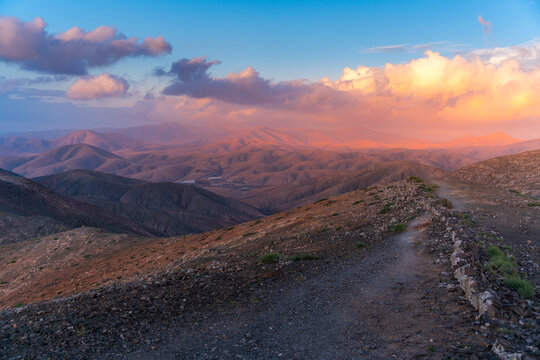View of landscape and mountains from Astronomical Viewpoint Sicasumbre at sunset, Pajara, Fuerteventura