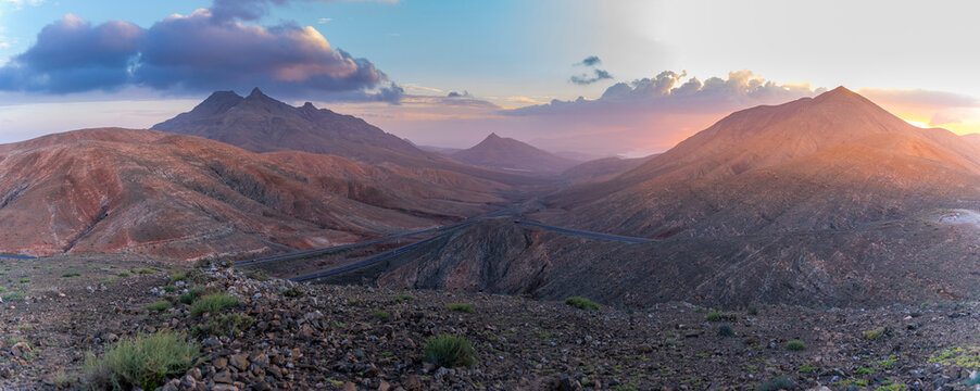 View of road and mountains from Astronomical Viewpoint Sicasumbre at sunset, Pajara, Fuerteventura