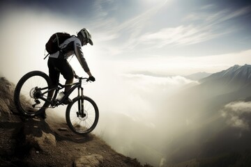 Naklejka na ściany i meble Man on a bike at the top of the mountain