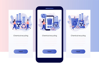 Fototapeta na wymiar Chemical recycling. Hazardous waste management. Chemical trash disposal and utilization. Plastics recycling method. Screen template for mobile, smartphone app. Modern flat cartoon style. Vector
