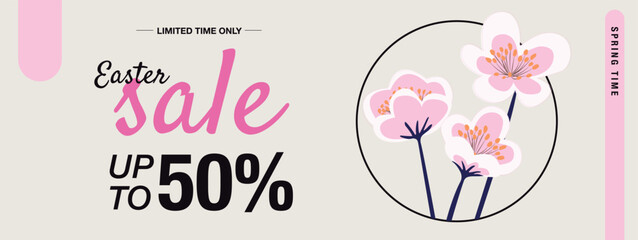 Easter Sale Header or Banner Design with Get Extra 50% Off. Typography, cute pink flowers in the circle. Modern vector illustration with pink elements on white background.