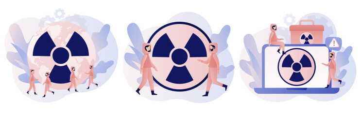 Radiation warning concept. Nuclear toxic waste. People in radioactive protection suit. Modern flat cartoon style. Vector illustration on white background