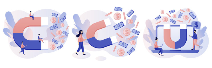 Money magnet. Magnet power attracting golden coins cash. Magnetic wealth power. Business opportunity increase wealth. Modern flat cartoon style. Vector illustration on white background