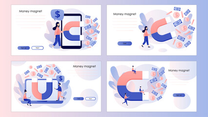 Money magnet. Magnet power attracting golden coins cash. Magnetic wealth power. Business opportunity. Screen template for landing page, template, ui, web, mobile app, poster, banner, flyer. Vector