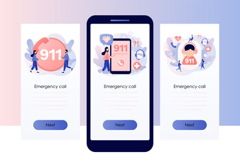 Fototapeta na wymiar 911 emergency call. Ambulance service. Assistant manager online. Hotline call center. Screen template for mobile, smartphone app. Modern flat cartoon style. Vector illustration