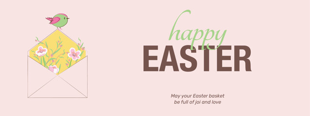 Easter Header or Banner Design with typography, cute letter and pink flowers. Modern vector art template for social media, mobile applications, banner design and online adv.