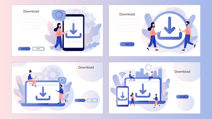Download concept. Install symbol. Tiny people downloading data, files on smartphone, laptop. Load symbol. Screen template for landing page, template, ui, web, mobile app, poster, banner, flyer. Vector