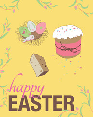 Easter illustration of Easter bread, eggs in a basket and bunny shaped cookie. Traditionally Easter Paska. Happy Easter banner, poster and greeting card.