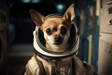 Portrait of cute brown chihuahua dog in astronaut costume and spacesuit looking away against blurred dark background, generative ai image portrait looking at camera.
