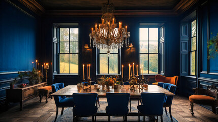Fototapeta na wymiar A magnificent image of an opulent dining room within a countryside manor, illustrating an unforgettable and luxurious dining experience