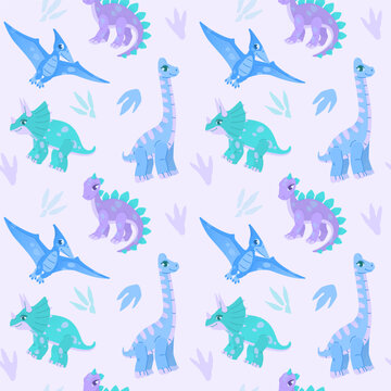 Cute dinosaurs seamless pattern. Cartoon vector illustration
