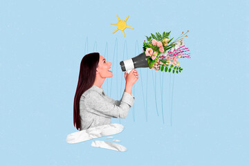Composite collage picture of positive girl hold communicate talk loudspeaker fresh spring flowers...