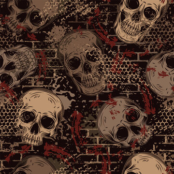 Brown grunge camouflage pattern with human skulls, brick wall, abstract brushstrokes, shapes. Random chaotic composition. Good for apparel, fabric, textile, sport goods.