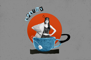 Creative collage picture of unsatisfied mini black white colors girl hold pillow inside big tea cup apathy isolated on grey background