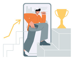 Man running stairs for trophy and win. Flat vector minimalist illustration of business, success, winner and career stairs 