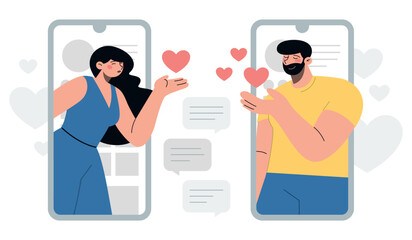 Social media chat with conversation between girl and boy. Two screens with couple in love. Flat vector minimalist illustration of application