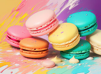 Fototapeta na wymiar Macarons with cream splashes. Splashes of ice cream. Created by a stable diffusion neural network.