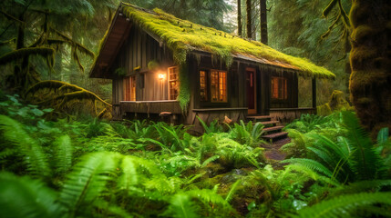 A mesmerizing image of a luxurious cabin hidden in an enchanting forest, offering a captivating and serene summer getaway