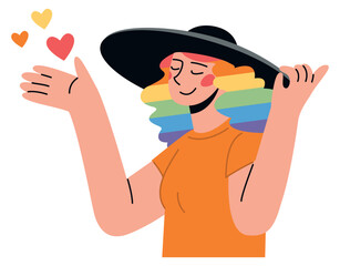 Woman with rainbow colored hair in a hat like a symbol of lgbt freedom and rights. Vector flat minimalist illustration with pride month people