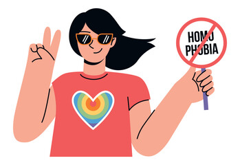 Smiling woman with a poster stop Homophobia in her hands and rainbow heart on tshirt. Vector flat minimalist illustration with pride month people
