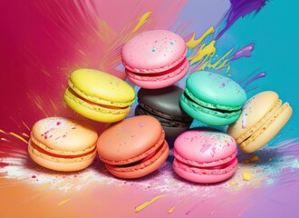 Fototapeta na wymiar Macarons with cream splashes. Splashes of ice cream. Created by a stable diffusion neural network.