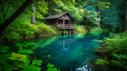 A captivating image of a secluded cabin situated on the shores of a tranquil lake, providing a serene and luxurious escape in nature