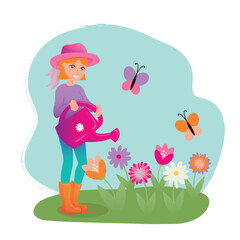 Girl with watering can. Women watering flowers in springtime. Cute vector illustration in cartoon style.