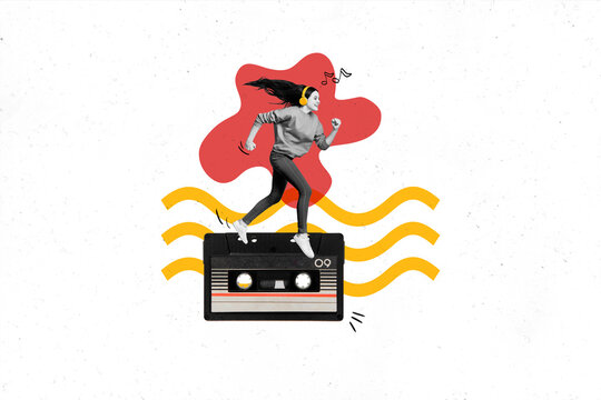 Creative photo collage illustration of positive active energetic girl running on cassette listen playlist isolated on painted background