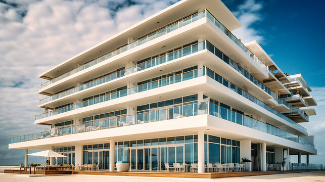 A striking image of a modern beachfront boutique hotel, exuding elegance and sophistication with its clean lines and breathtaking ocean views