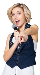 Woman singing into microphone isolated over  white background
