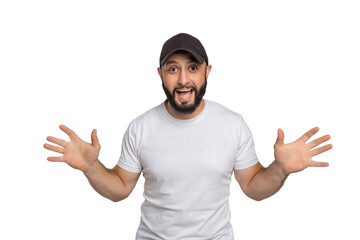 Portrait of young middle eastern bearded man with white t-shirt and cap looking at camera. The man posing with his arms wide open. Studio shot, isolated on white background.