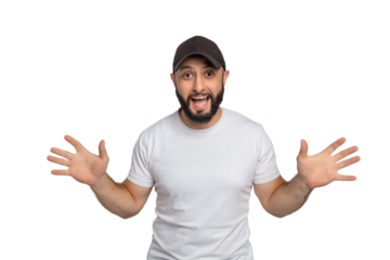 Portrait of young middle eastern bearded man with white t-shirt and cap looking at camera. The man posing with his arms wide open. Studio shot, isolated on white background.
