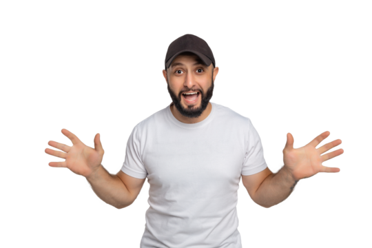 Portrait of young middle eastern bearded man with white t-shirt and cap looking at camera. The man posing with his arms wide open. Studio shot, isolated on white background.