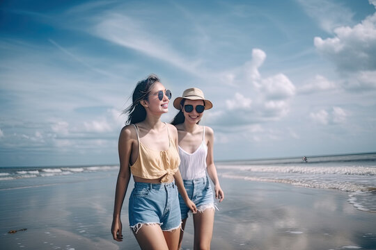 Two young asian women walking together on the beach. Travel and vacation concept. Generative AI